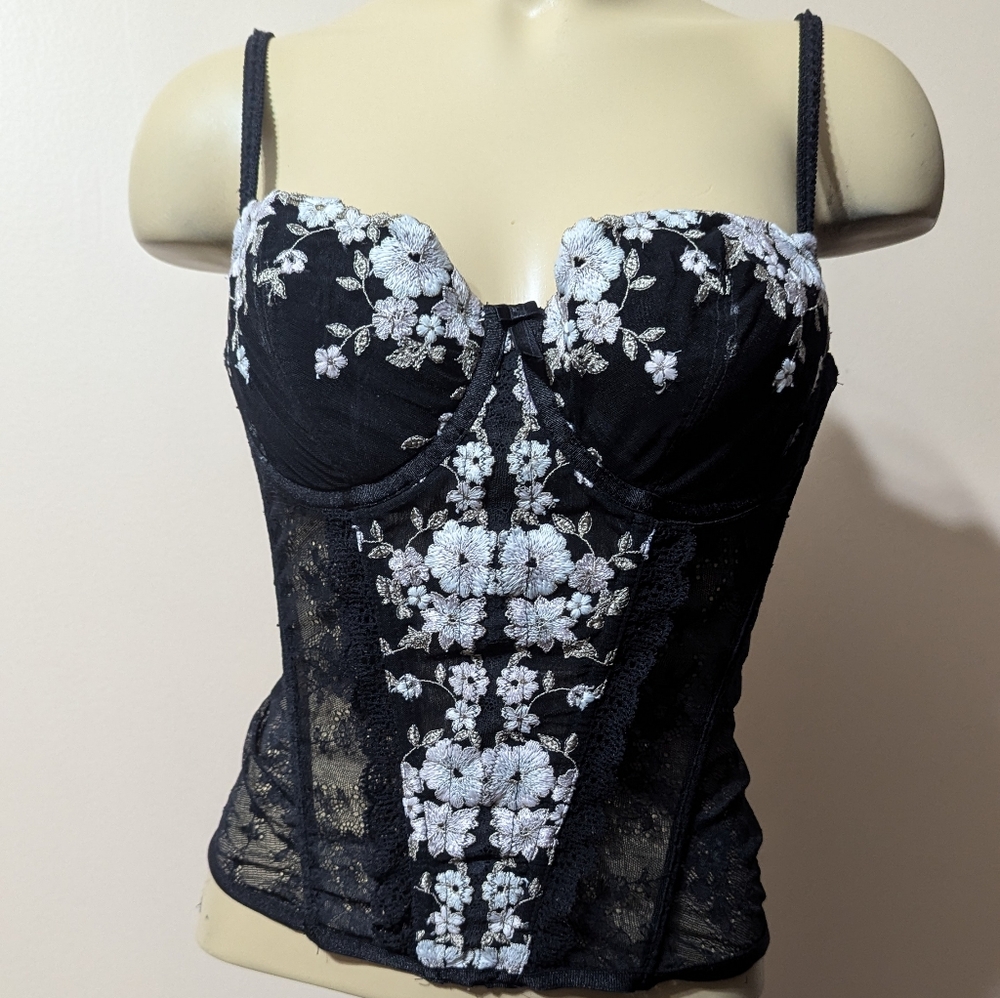 Felina Lingerie Boned Corset Embroidered Size 34B Black Lace Floral